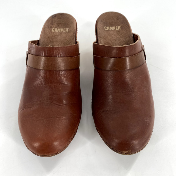 Camper Mules Clogs Slip On Womens Size EU 37/US 6 Brown Leather Wooden Heel - Picture 5 of 11
